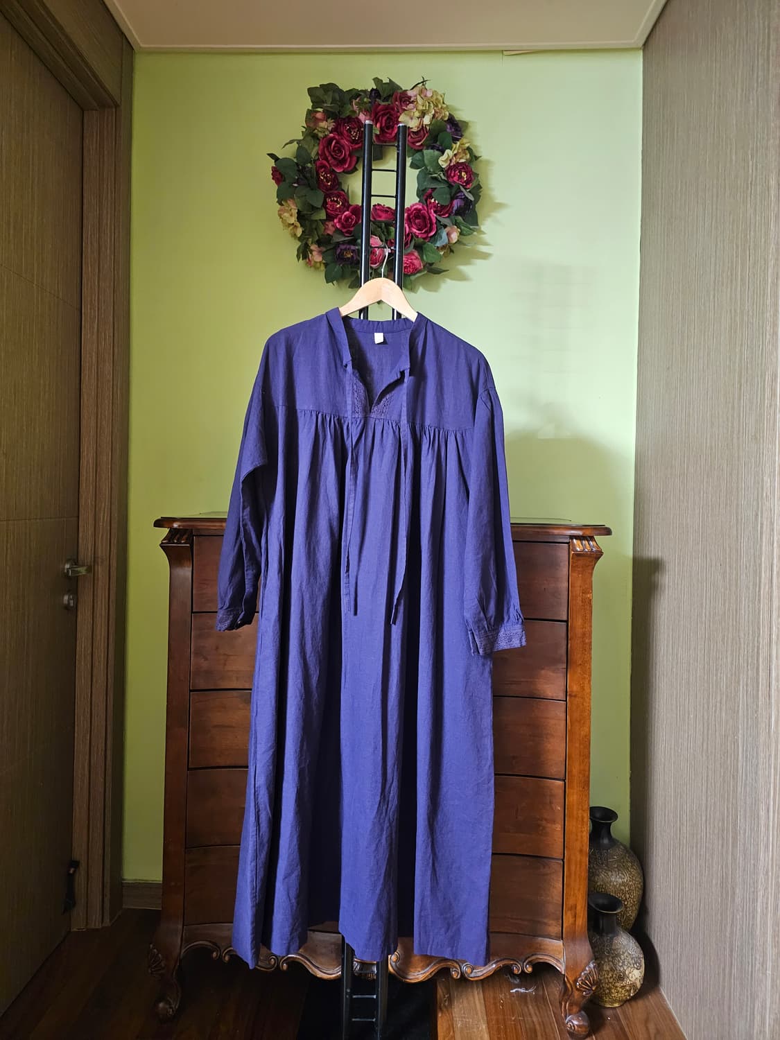 보라색 레이스배색 광목원피스 상품이미지1