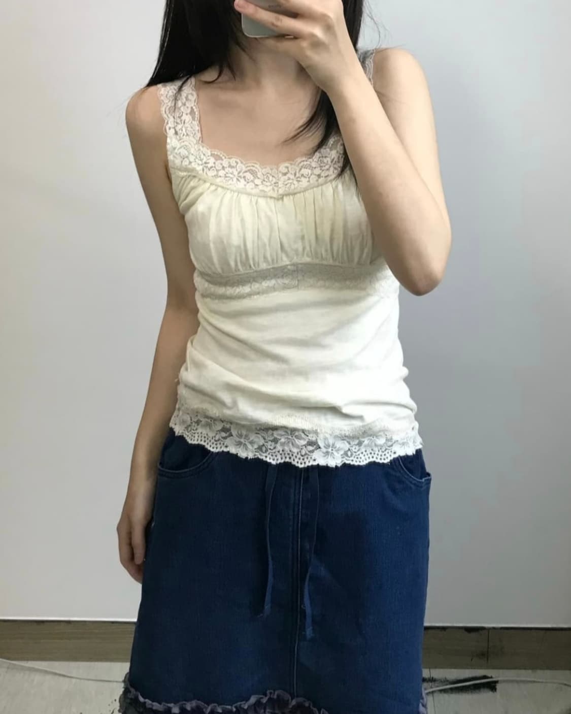 빈티지 모리걸 하구미 페어리 아이보리 레이스 셔링 나시 상품이미지1