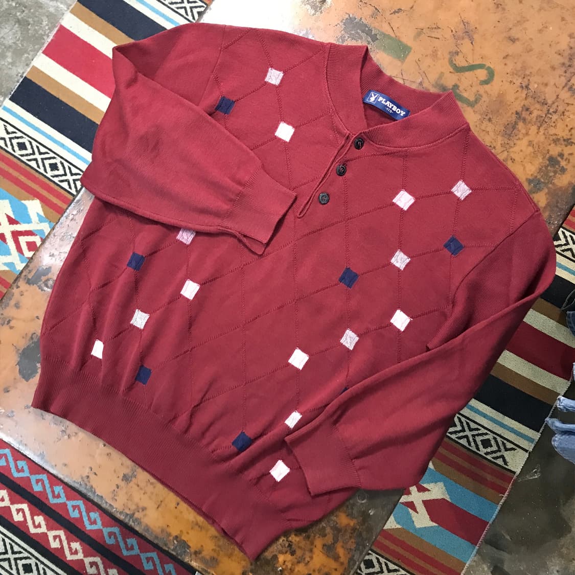 빈티지 플레이보이 버건디 아가일 패턴 헨리넥 니트 남성 105 사이즈 상품이미지2