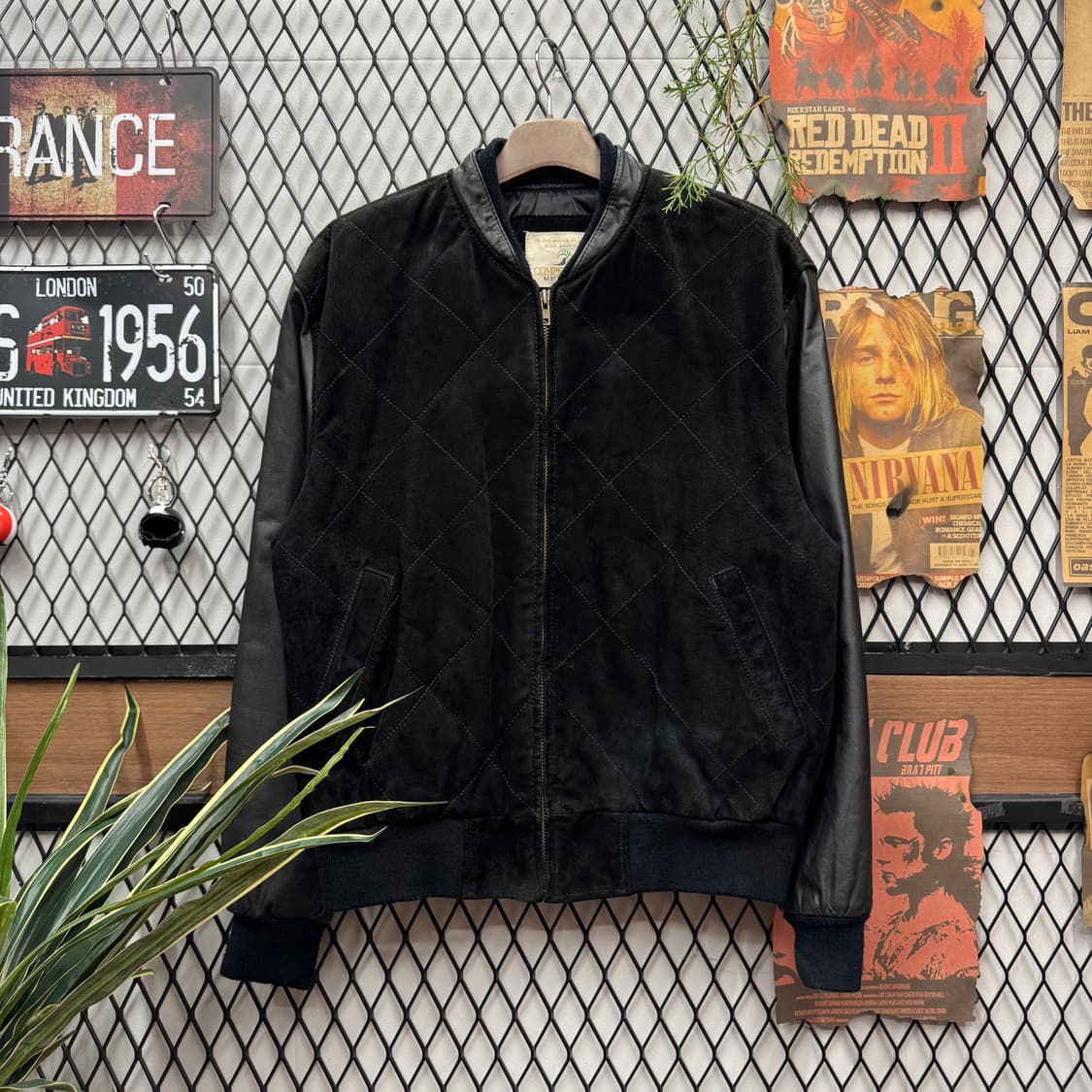 00s JPN VINTAGE 스웨이드 양가죽 믹스 퀼팅 봄버 자켓 블랙 상품이미지1