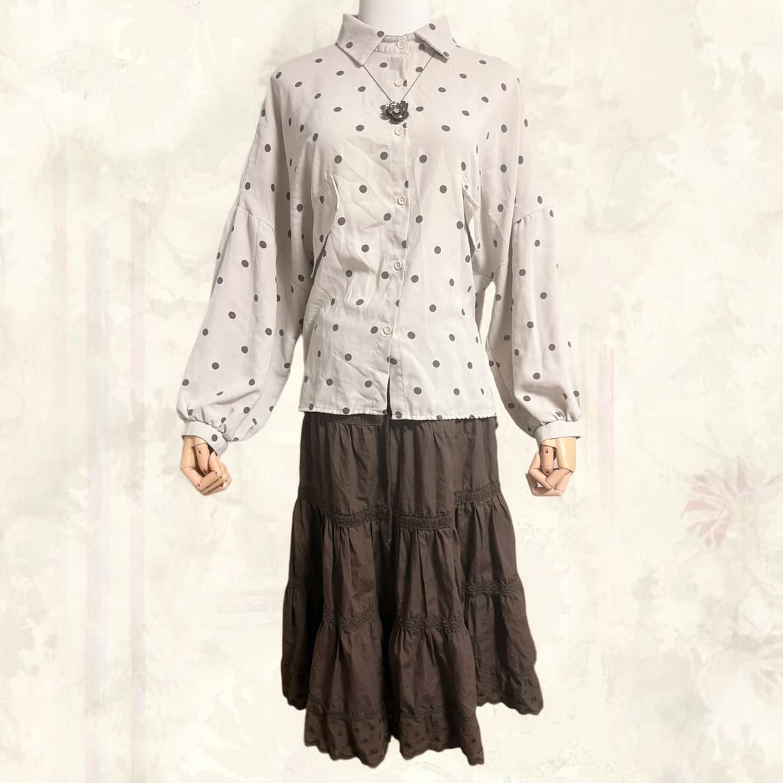 (이체시에눌) 일본 봄 사와코깔 케이프 도트 패턴 초코맛 캉캉 코디세트 상품이미지3