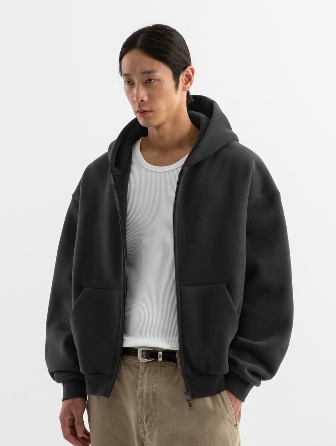 [XL] 브렌슨 코지 오버핏 크롭 기모 후드집업 차콜 상품이미지1