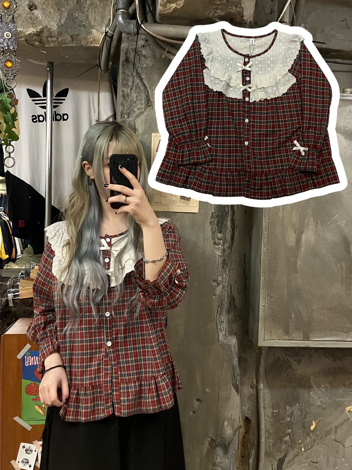 빈티지 체크 레이스 블라우스 레드 M  #csz818 상품이미지1