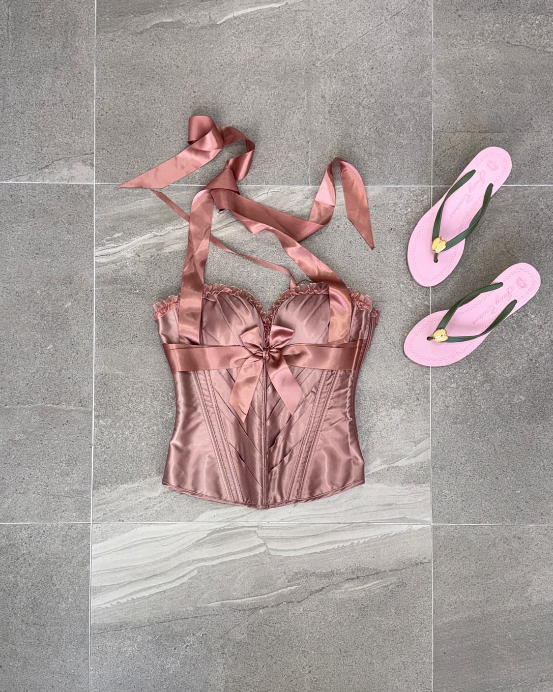 Rose pink satin ribbon halter corset 상품이미지1