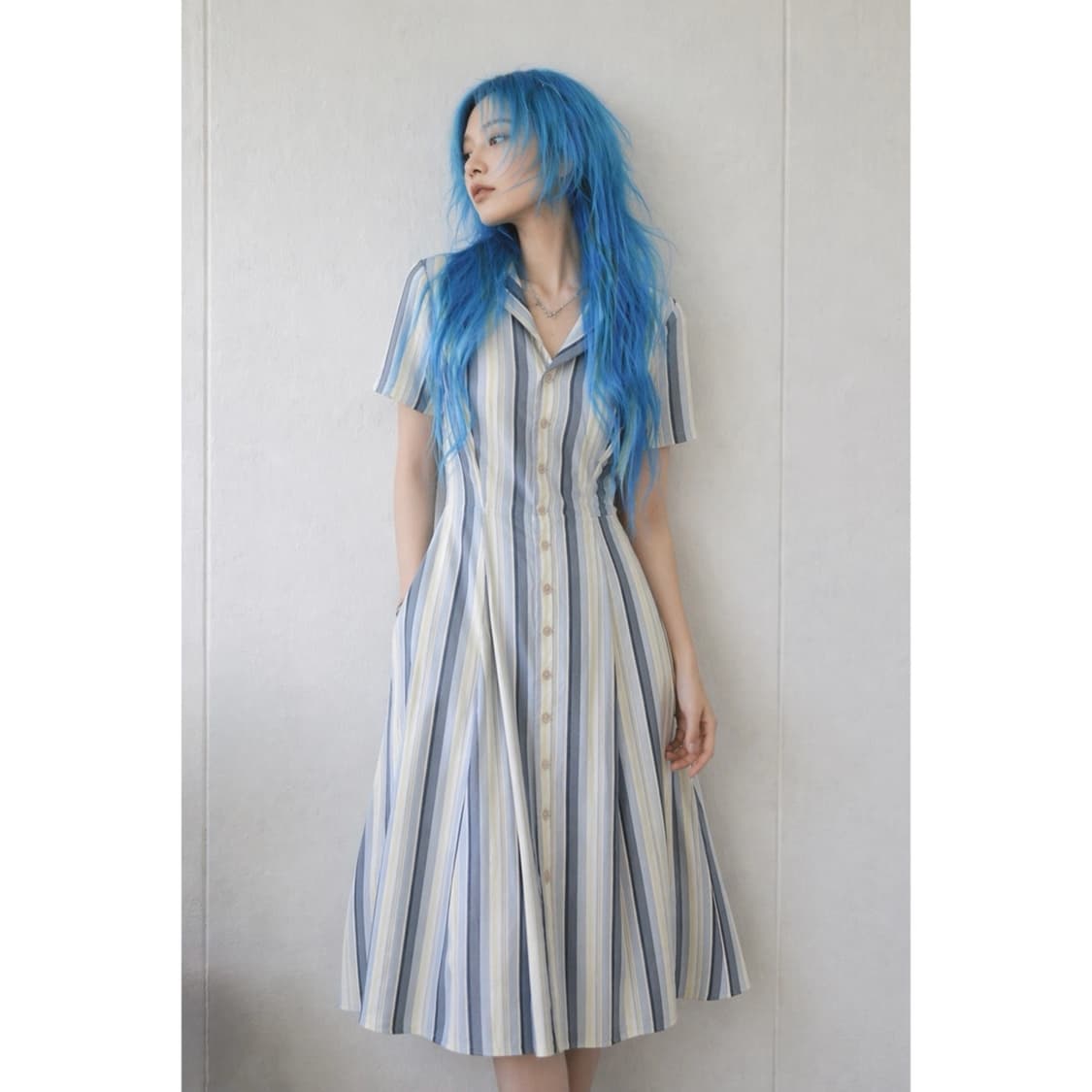 소라 줄무늬 롱 셔츠 원피스 상품이미지1