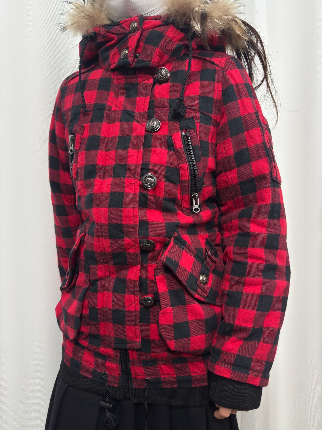 now here red check fur hood jacket 상품이미지4
