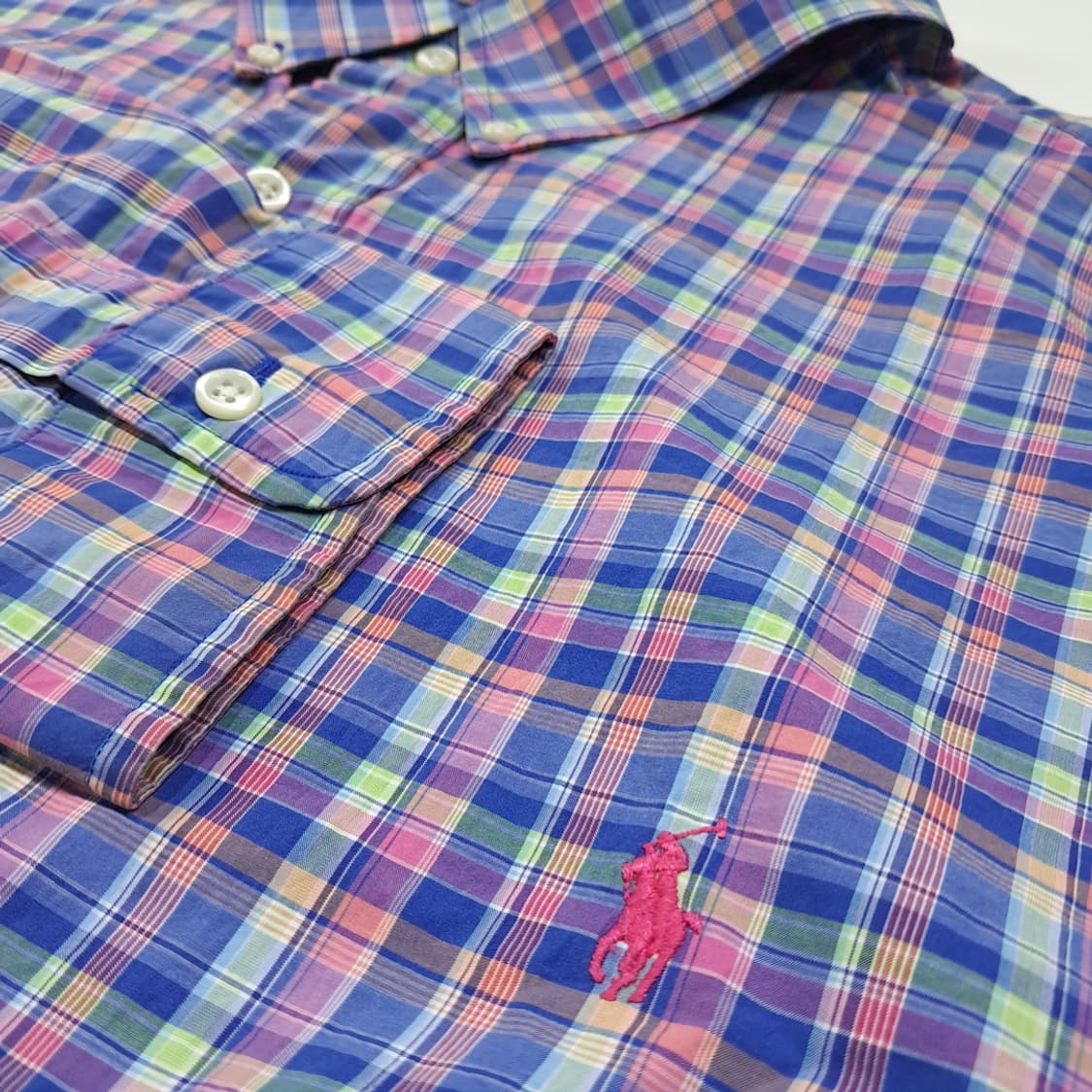 CL596 4XB 폴로 90s 코튼 핑크 블루 스몰 매드라스 체크 셔츠 상품이미지4