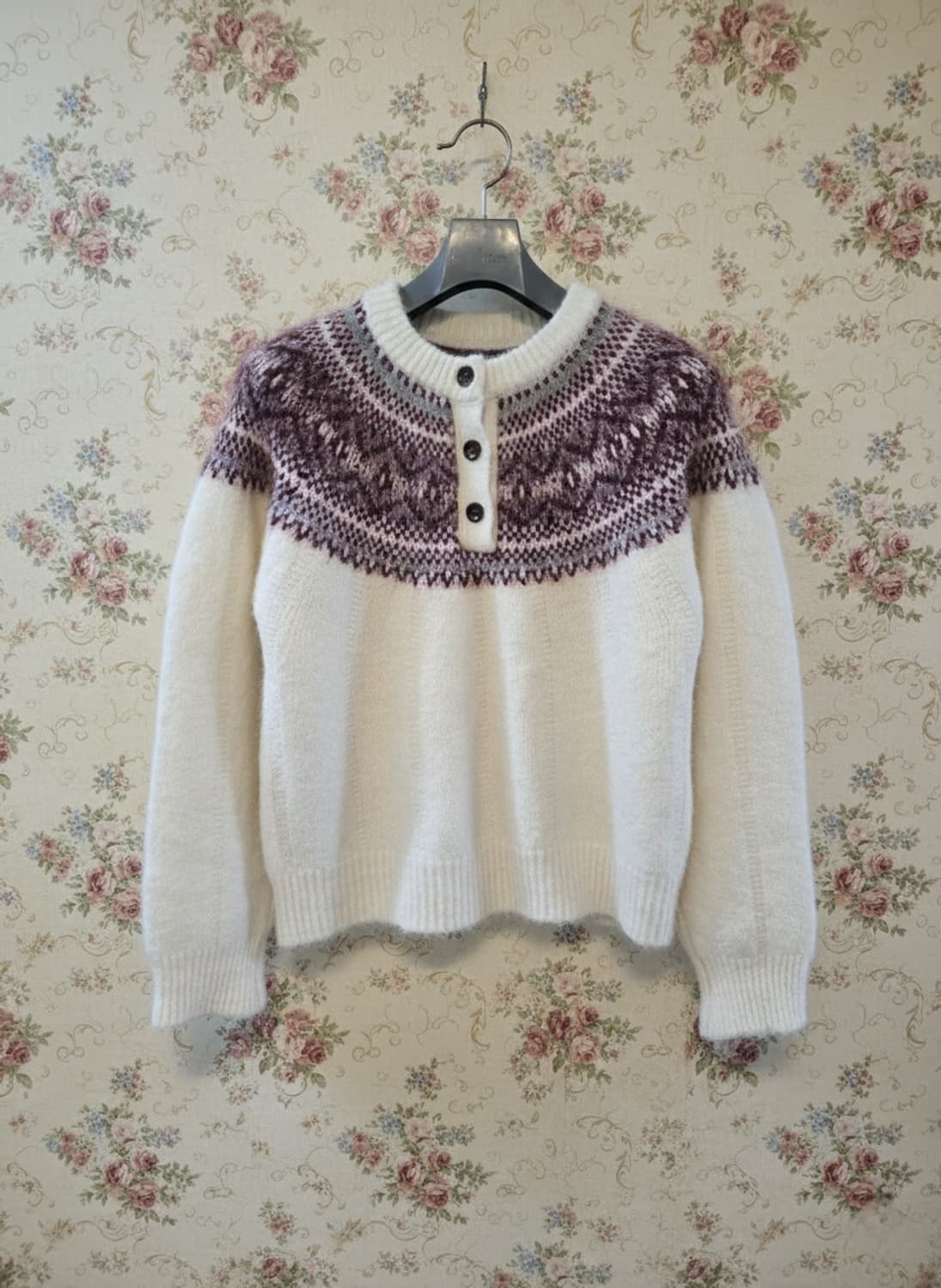 아이보리 노르딕 패턴 헨리넥 니트 Free 상품이미지1