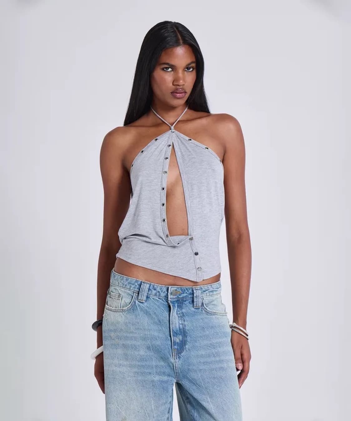 GREY MARL EYELET DRAPED TOP 상품이미지2