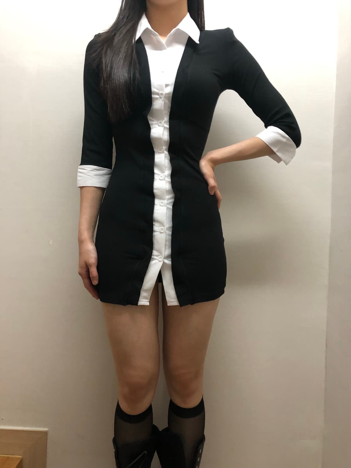 빈티지 블랙 앤 화이트 셔츠 레이어드 원피스 상품이미지7