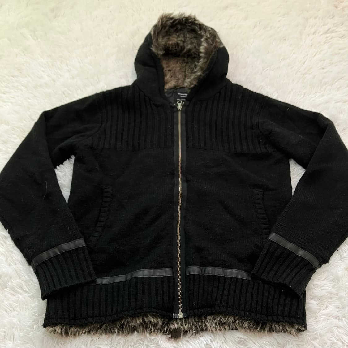 빈티지 블랙 레더 라인 퍼 니트 집업 780 y2k 스트릿 갸루 펑키 상품이미지1