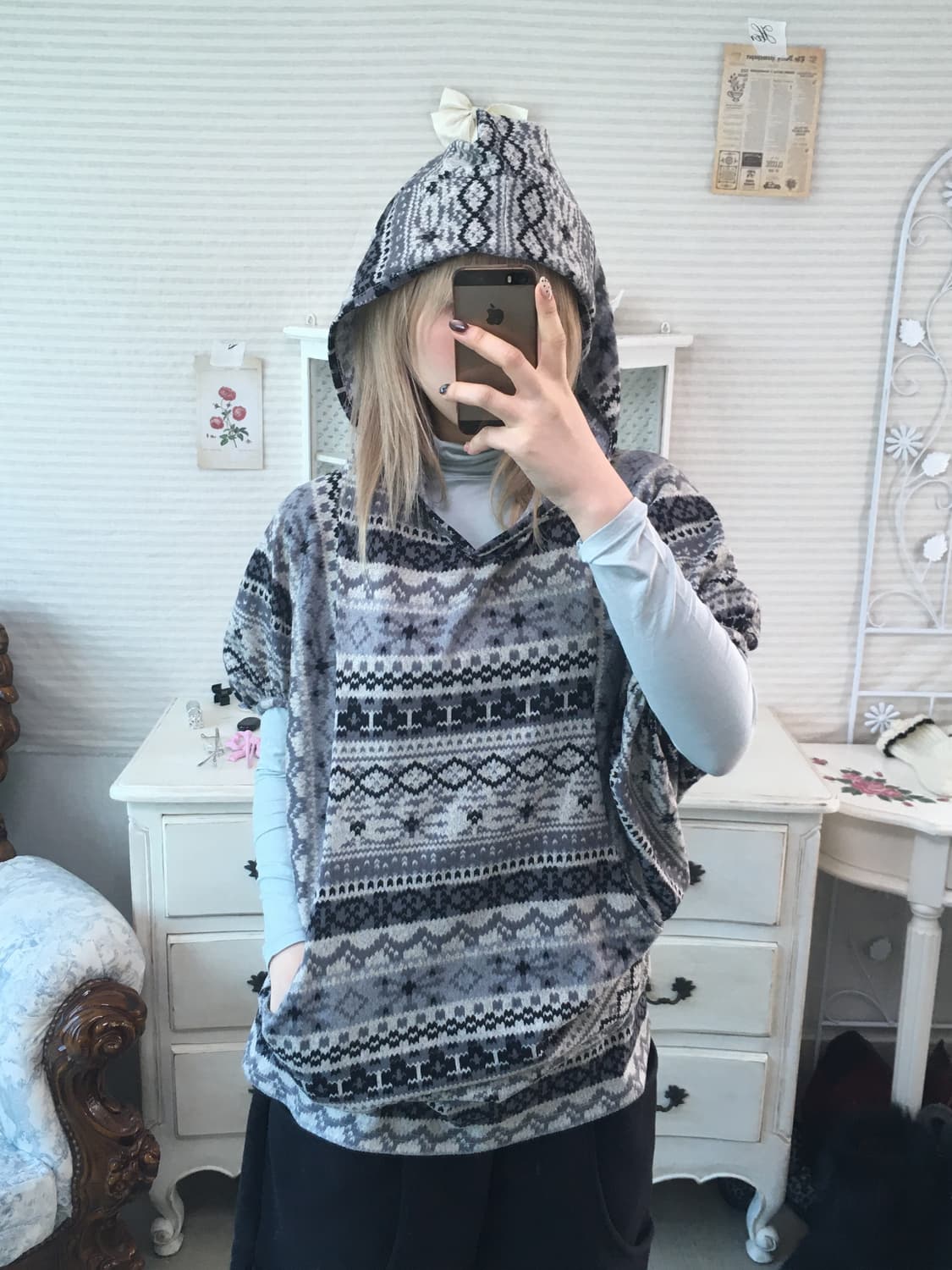 일본빈티지 블루그레이 보헤미안 포켓 후드티 상품이미지2