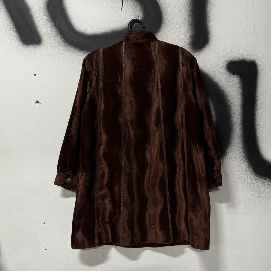 VTG 빈티지 가죽 배색 다크 브라운 벨벳 롱 코트 상품이미지2
