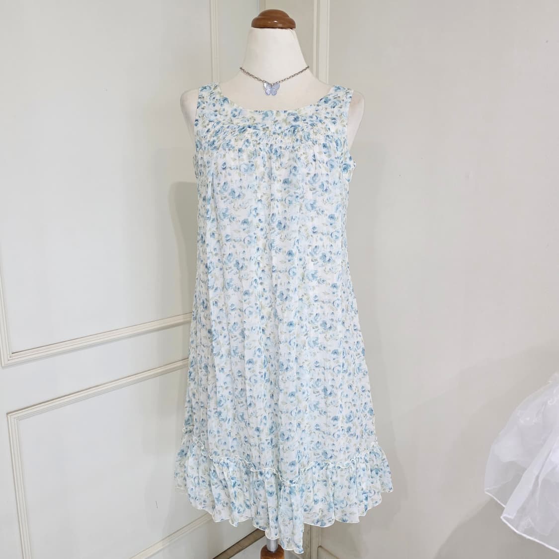 고전레스트로즈 일본빈티지)빅리본 스즈코모리걸 플로럴 블루민트로즈 원피스버 상품이미지3