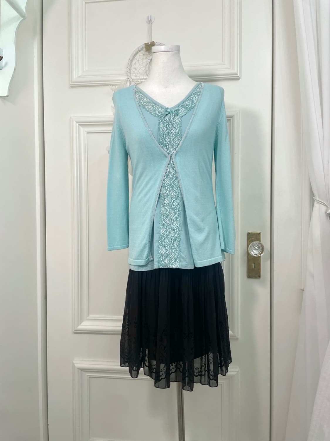 mint cubic one-button cardigan&lace trim 상품이미지2