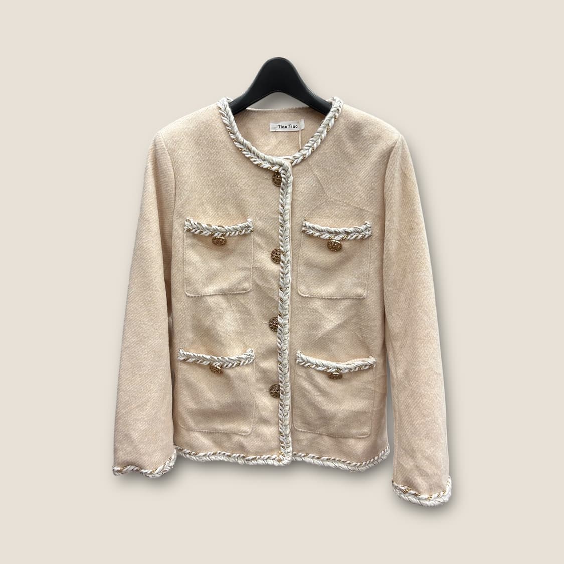 L001 아이보리 트위드 금장 노카라 자켓 size M (W) 상품이미지1