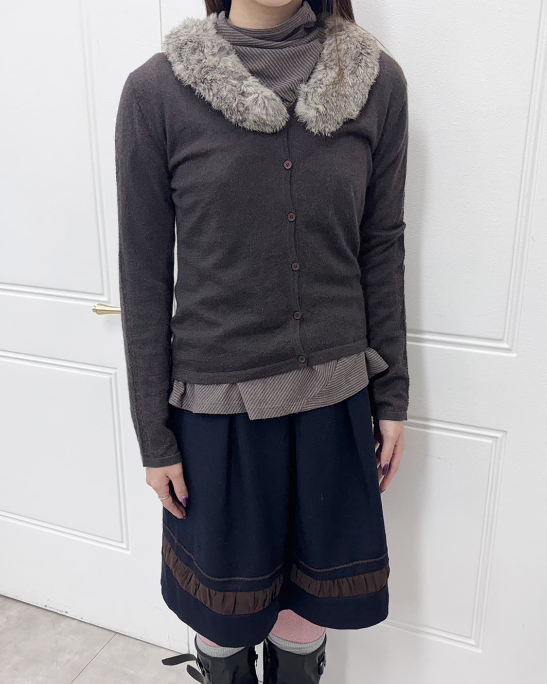 ANNE KLEIN rabbit fur collar 베이직 초코 가디건 상품이미지6