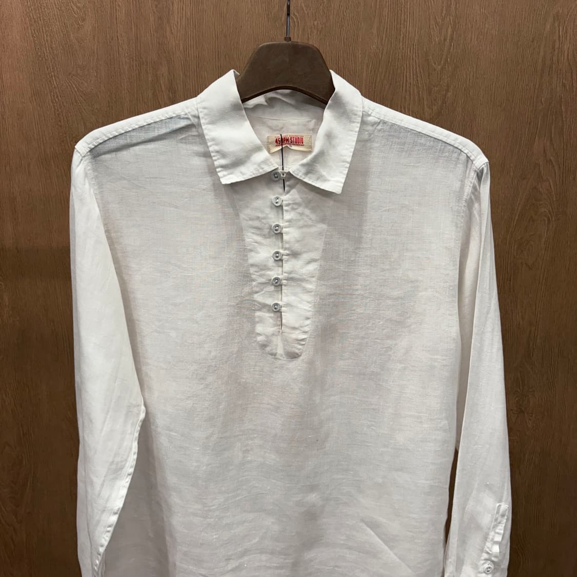 45RPM 린넨 풀오버 긴팔 셔츠 패브릭 버튼 하이로우 디테일 화이트 상품이미지4