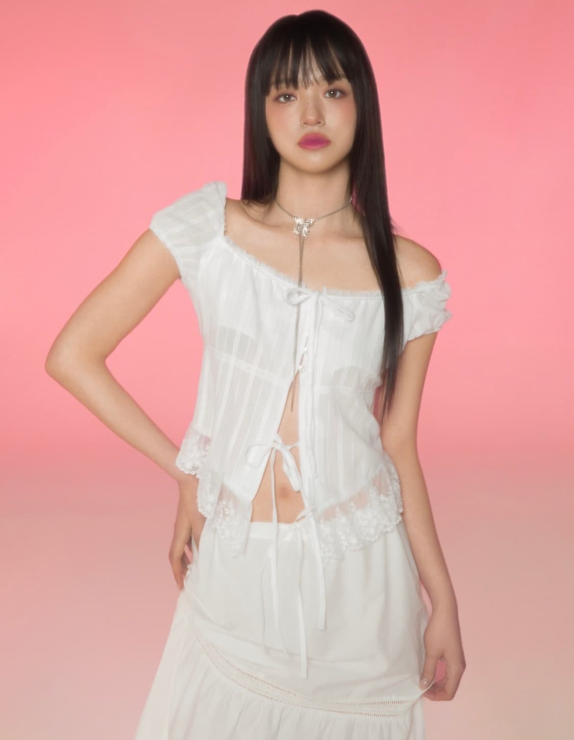 뉴얼린 로제 레이스 버튼 블라우스 상품이미지2