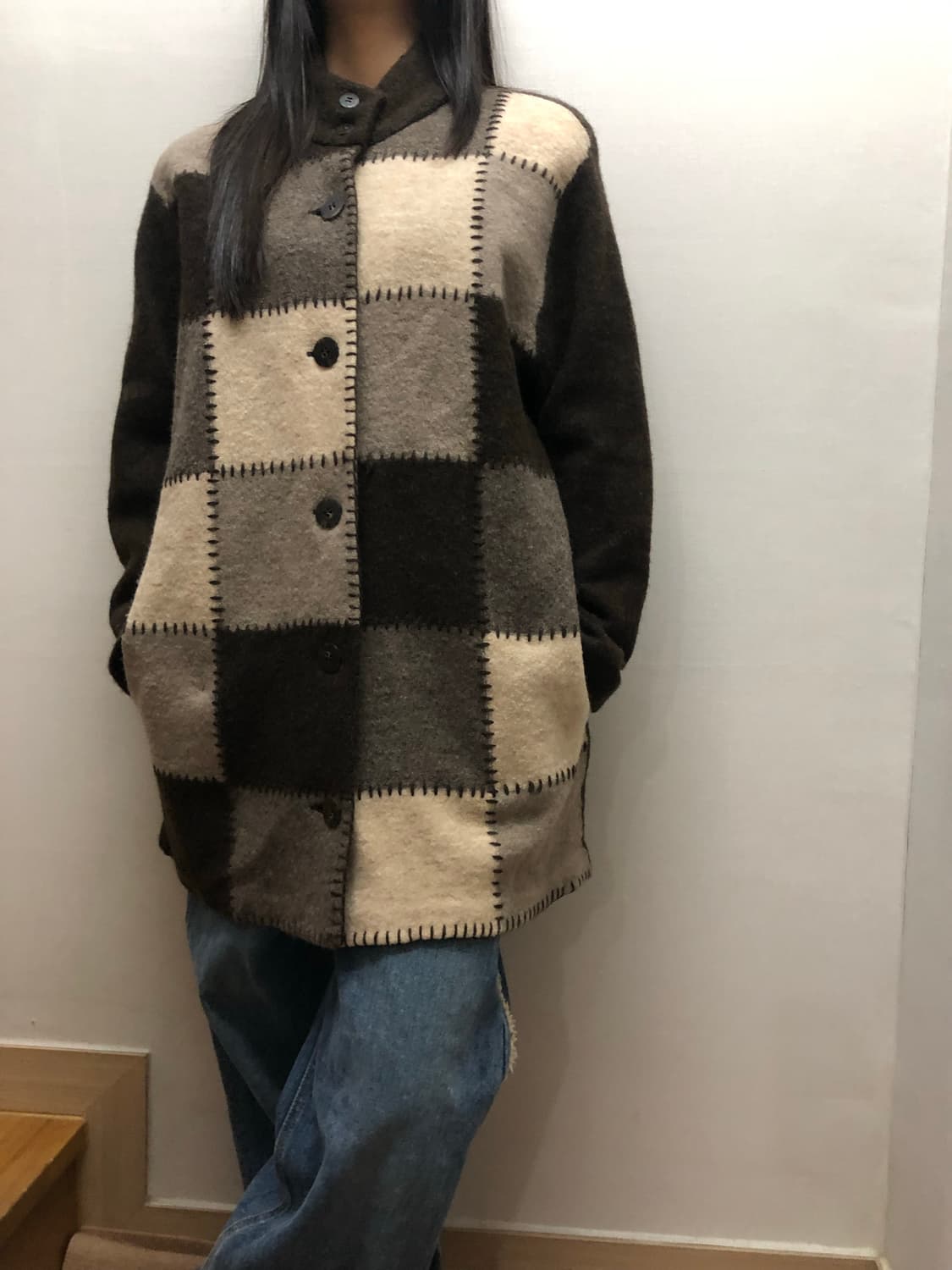 빈티지 브라운 울 패치워크 하프 코트 상품이미지8