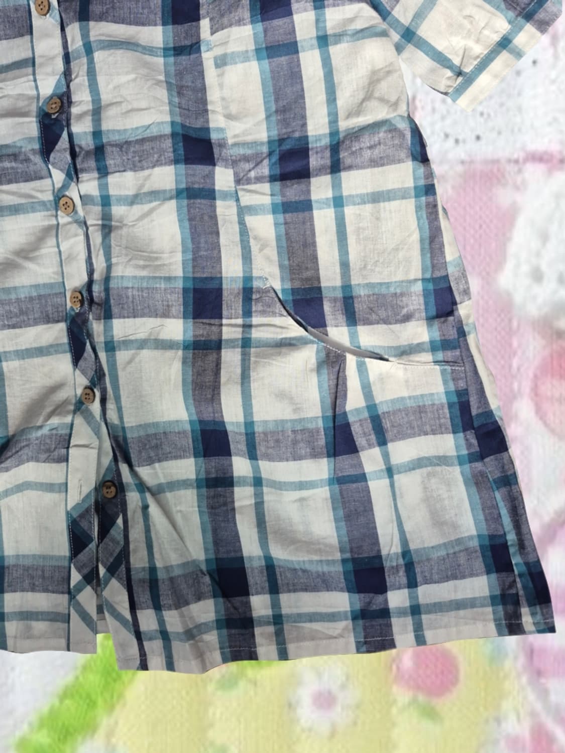 빈티지 모리걸 우드단추 블루 체크 반팔 셔츠 블라우스 상품이미지4