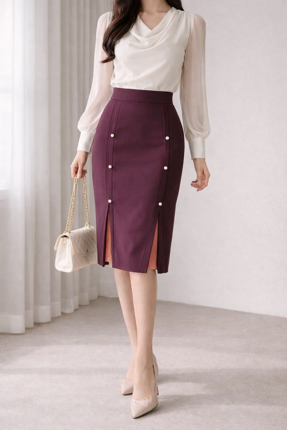 질스튜어트뉴욕 버건디 진주버튼 슬릿 스커트 56cm H라인 정장 출근룩 상품이미지1