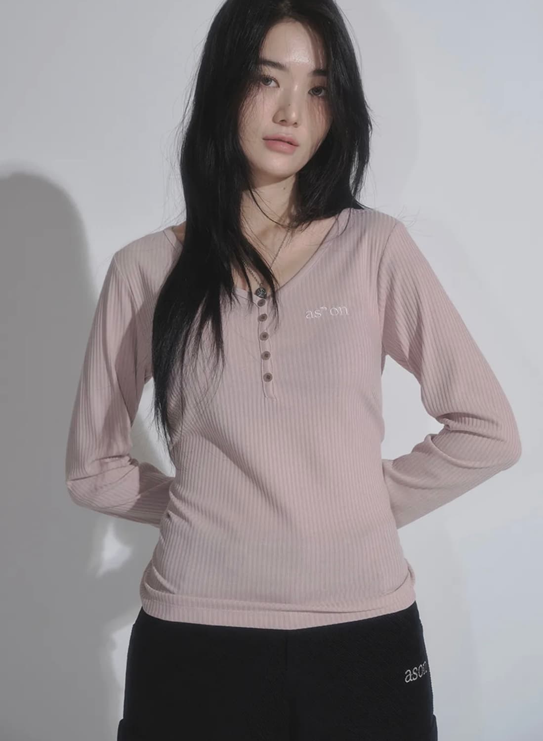 애즈온 위시티 핑크 WISH RIBBED BUTTON TEE 상품이미지1