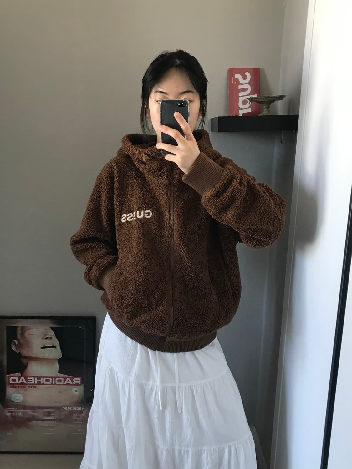 게스 자수로고 브라운 플리스 후드집업 상품이미지3