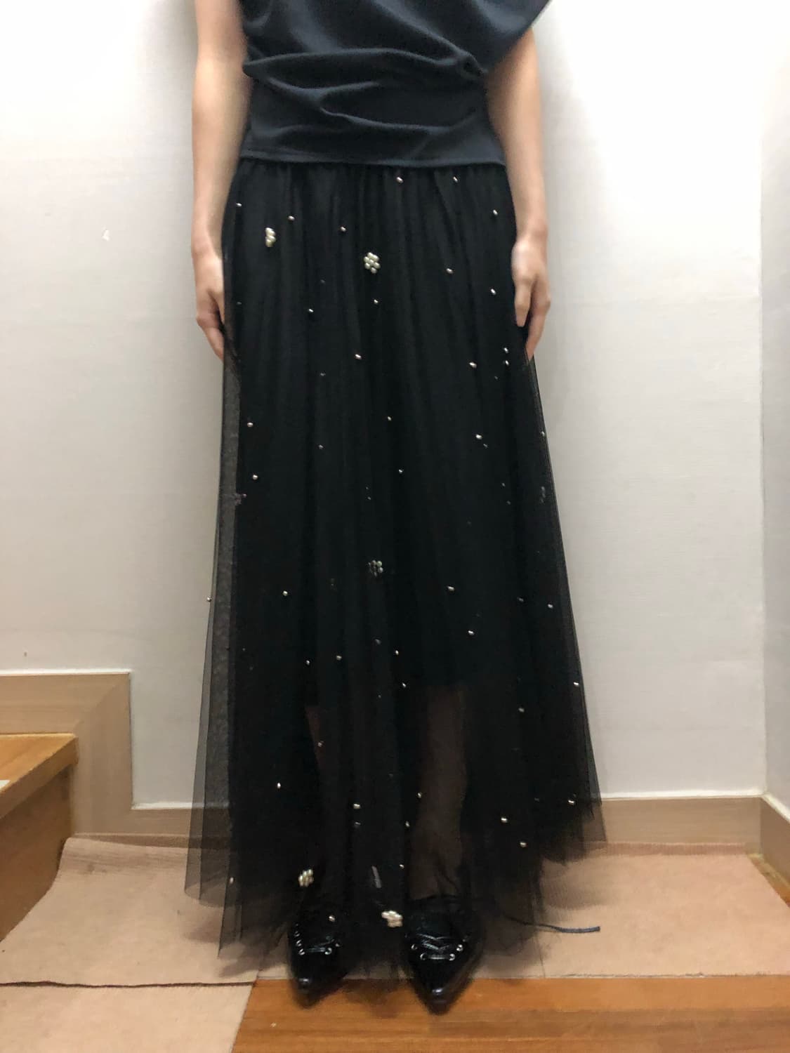 빈티지 블랙 레이스 펄 롱 스커트 상품이미지1