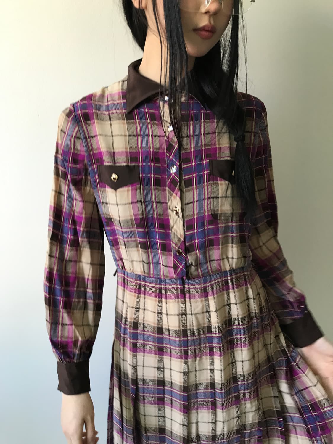 Check collar gold button shirts dress 상품이미지5