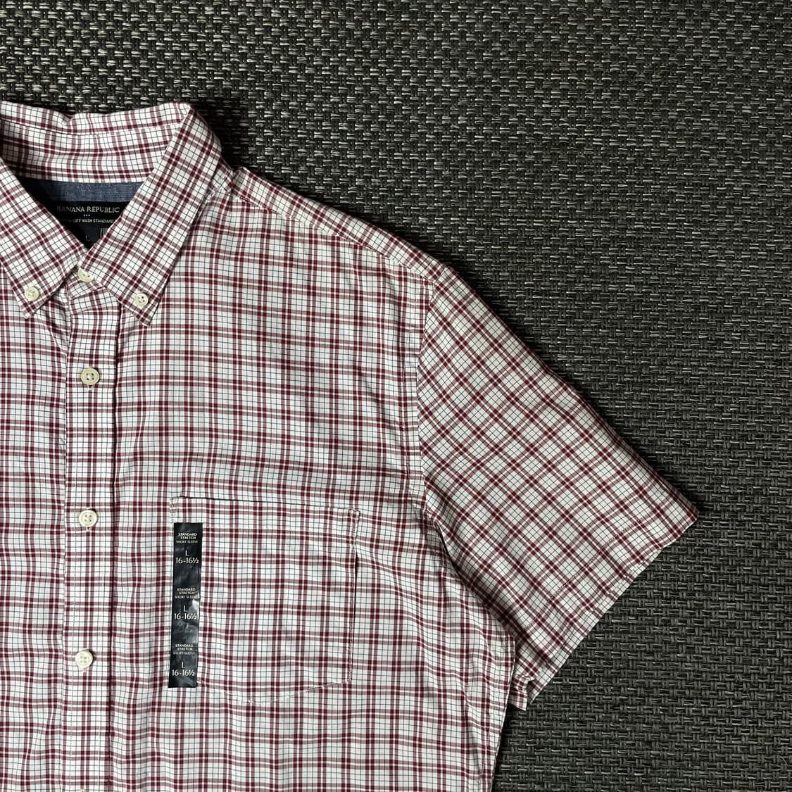 바나나리퍼블릭 레드 화이트 체크 배색 원포켓 스탠다드핏 반팔 셔츠 L 상품이미지3