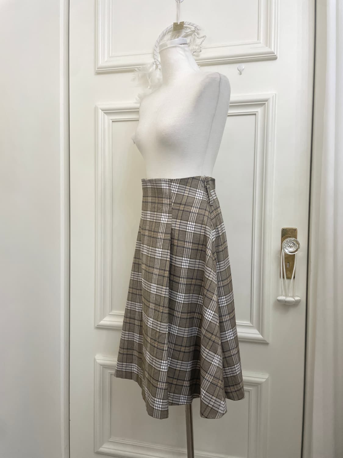 beige brown check pleats banding skirt 상품이미지2