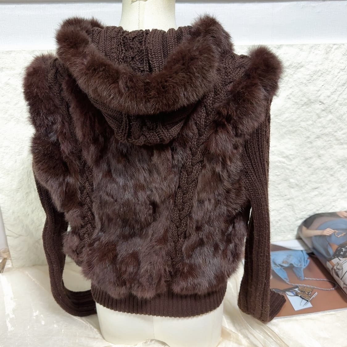 빈티지 초콜릿 브라운 여우털 후드 토끼털 꽈배기 니트자켓 후드집업 상품이미지4