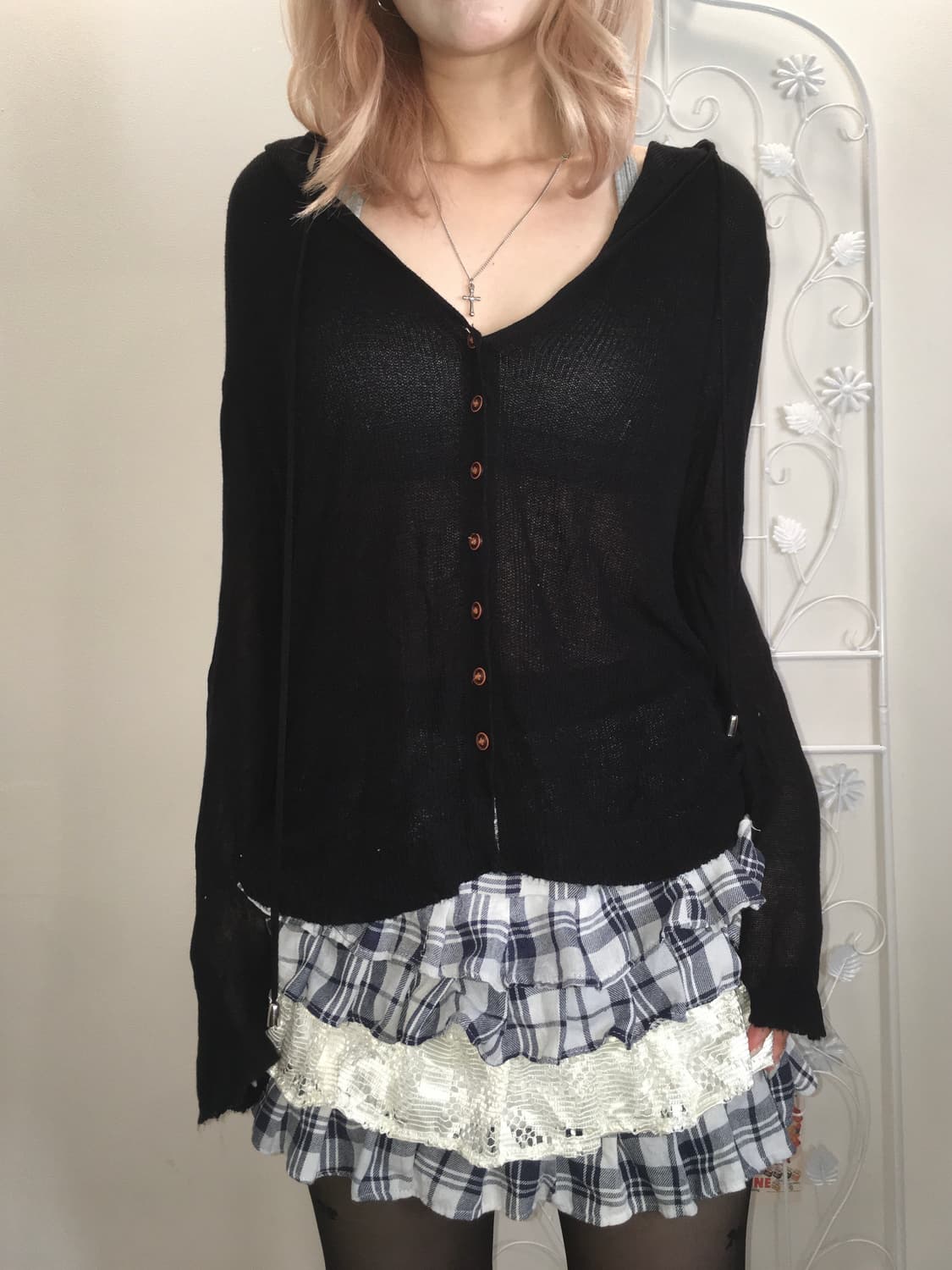 일본빈티지 블랙 시스루 후드 가디건 상품이미지2