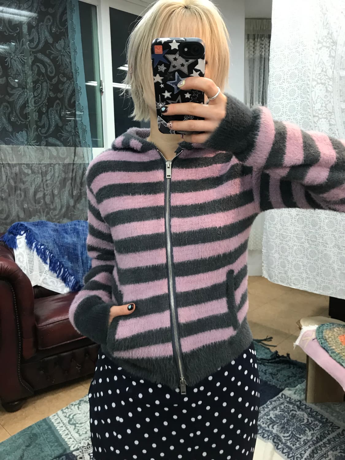 Flash 여성 스트라이프 니트 투웨이 후드집업  상품이미지1