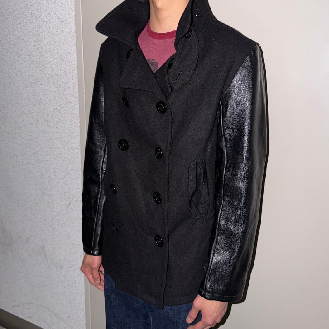 지스타로우 마크 뉴슨 레더 슬리브 피코트 상품이미지3