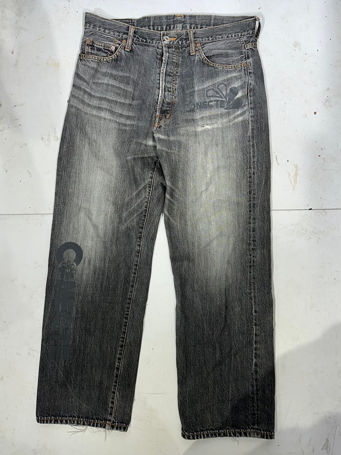 일본 빈티지 흑청 캣 워싱 와이드 프린팅 데님 청바지  상품이미지4