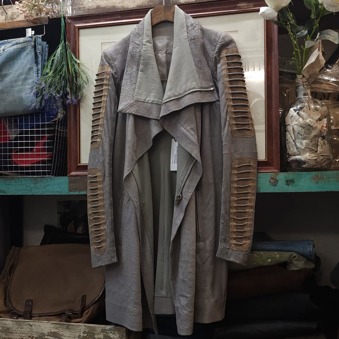 릭오웬스 10FW 아카이브 램스킨 하이넥 레더코트 그레이 42 상품이미지2