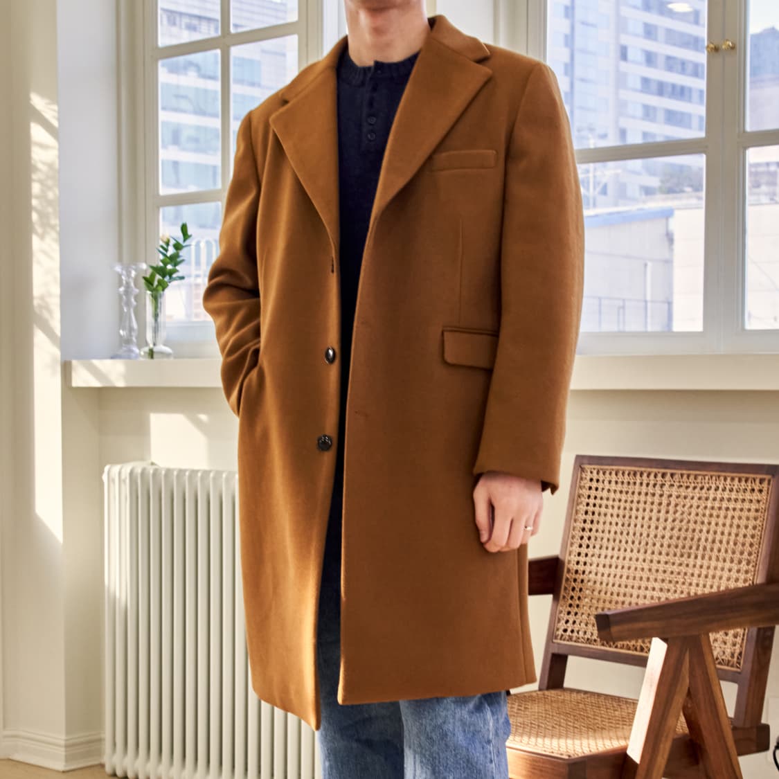 남자 세미오버핏 울 싱글 버튼  롱 코트 (카멜) 105(XL) 상품이미지4