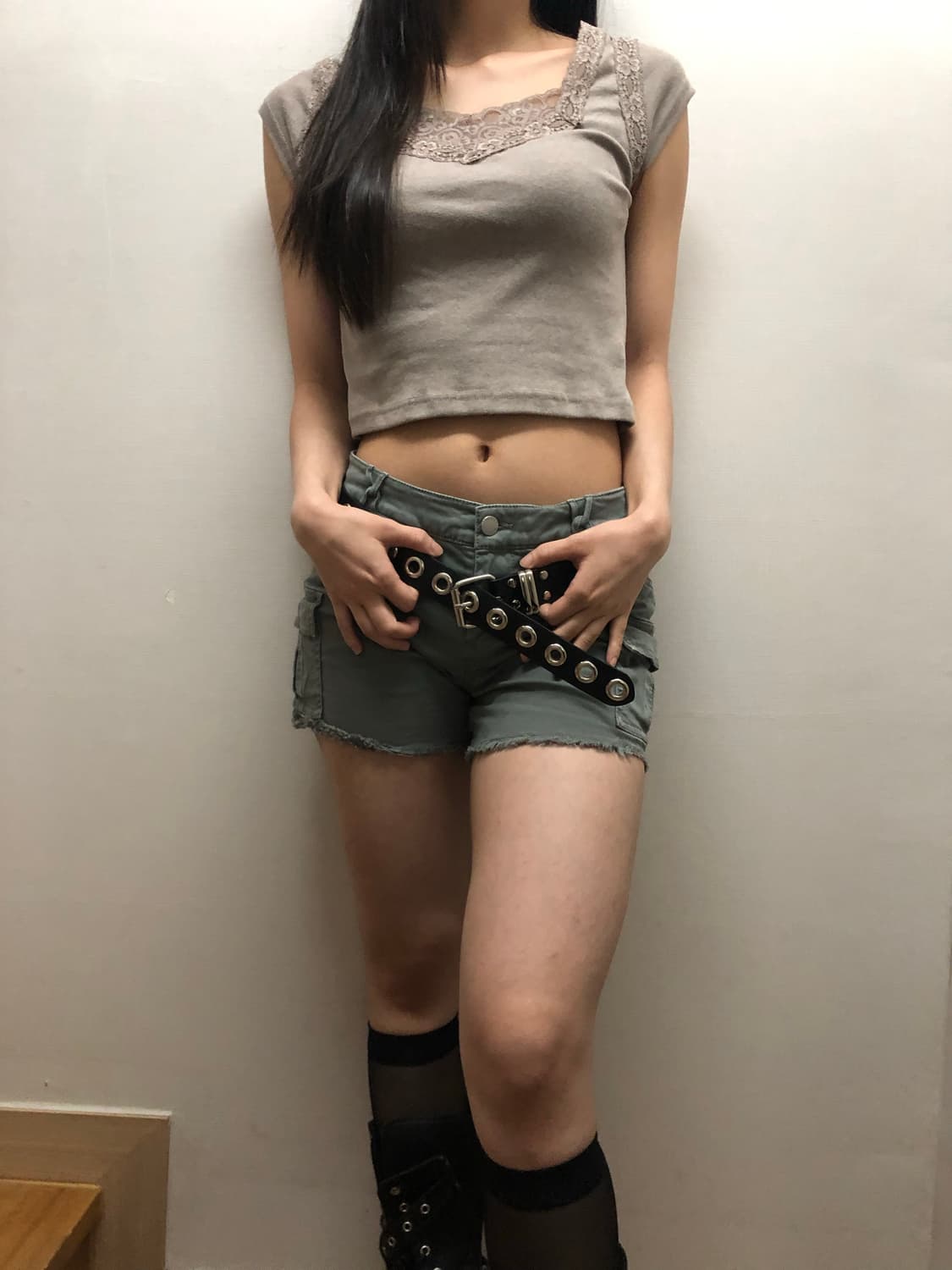 빈티지 라이트카키 레이스 티셔츠 상품이미지6