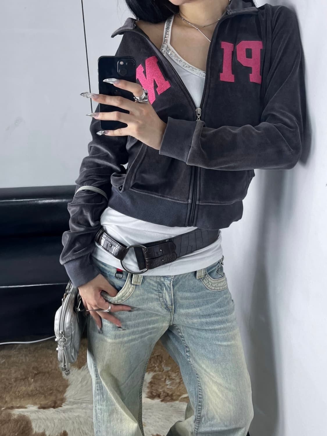 빈티지 PINK 핑크 벨벳 집업 그레이 상품이미지2