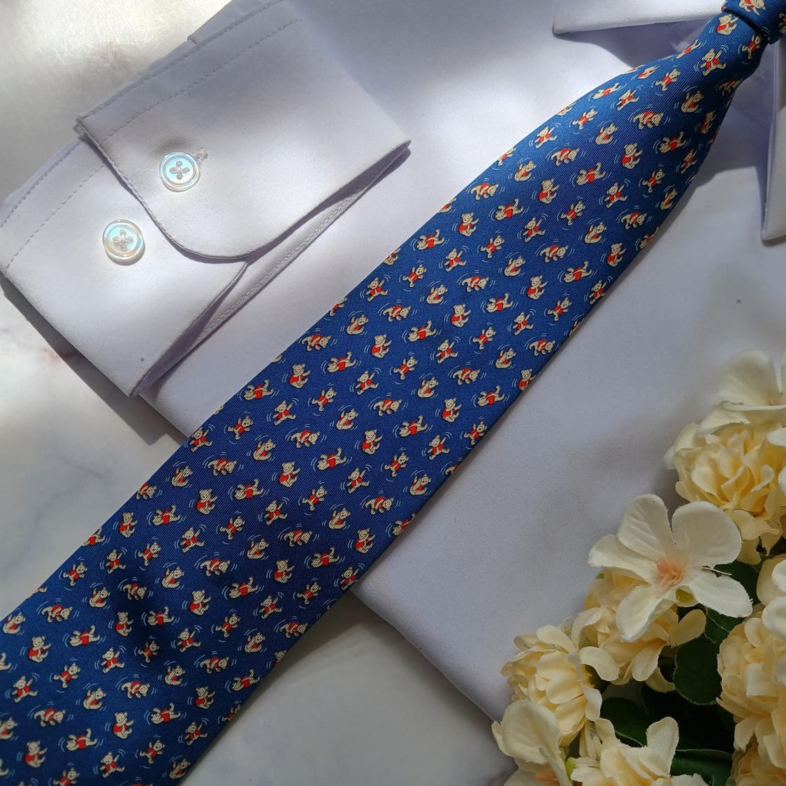 살바토레 페라가모 실크 블루 곰돌이 모티브 넥타이 9cm A등급 E959 상품이미지5