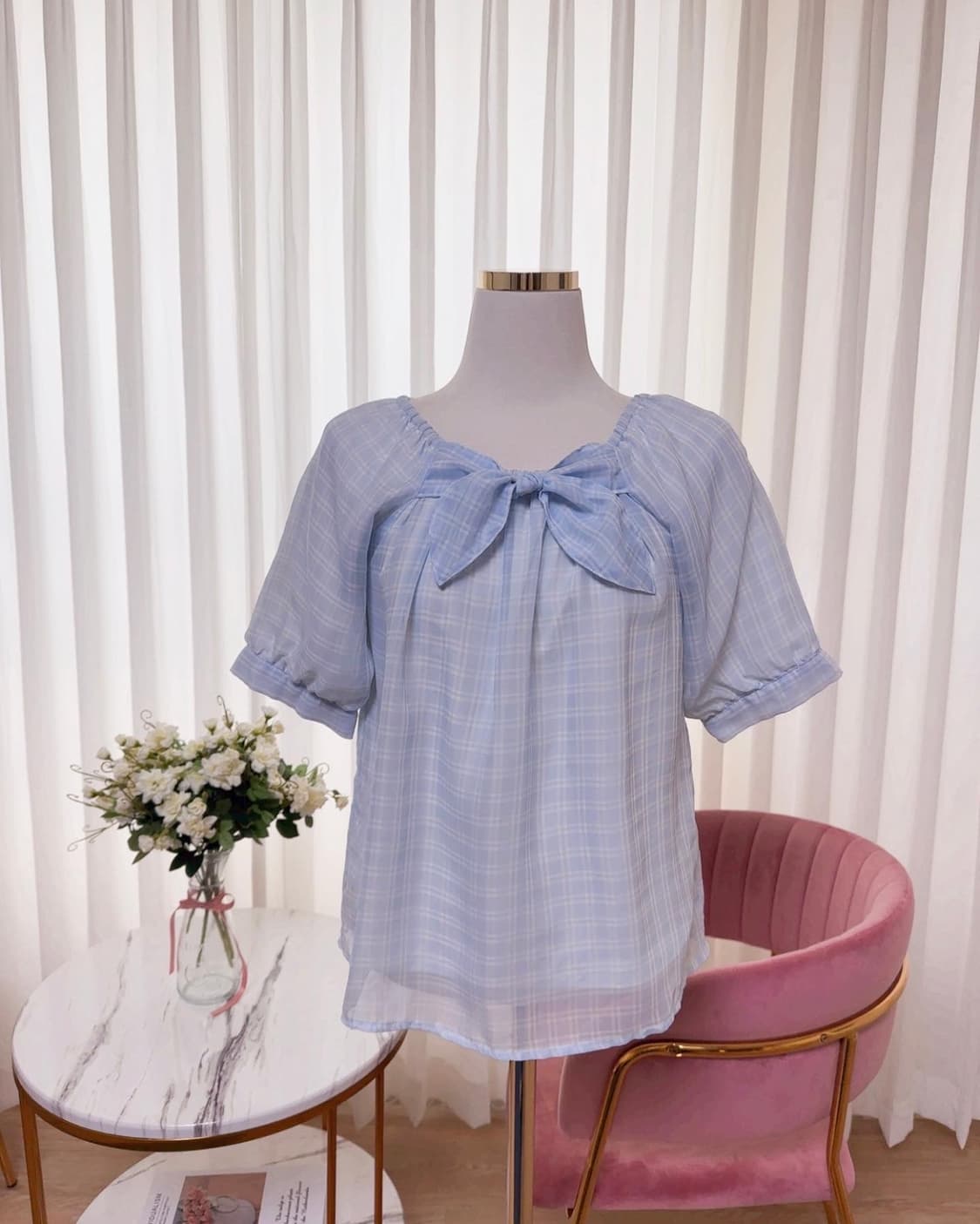 쉬폰 체크 벌룬소매 리본 블라우스 상품이미지2