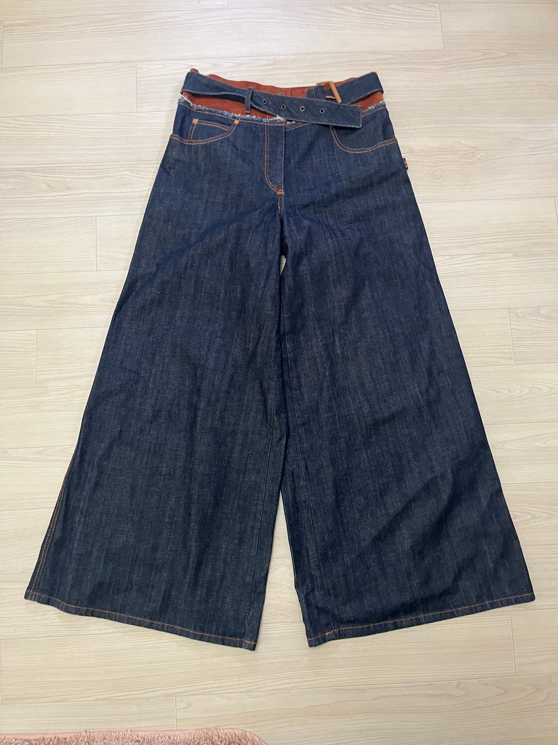 27 장폴고티에 레더 웨이스트 벨트 슈퍼 와이드 데님 팬츠 상품이미지1
