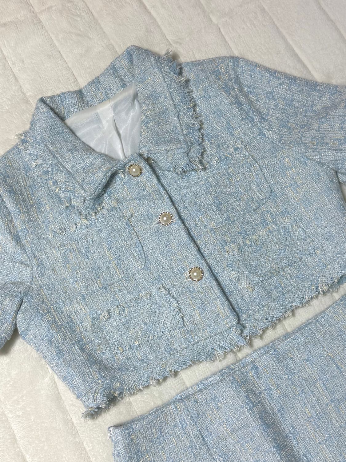 소라색 크롭 트위드 자켓 치마 투피스 세트 M 하객룩 상품이미지1