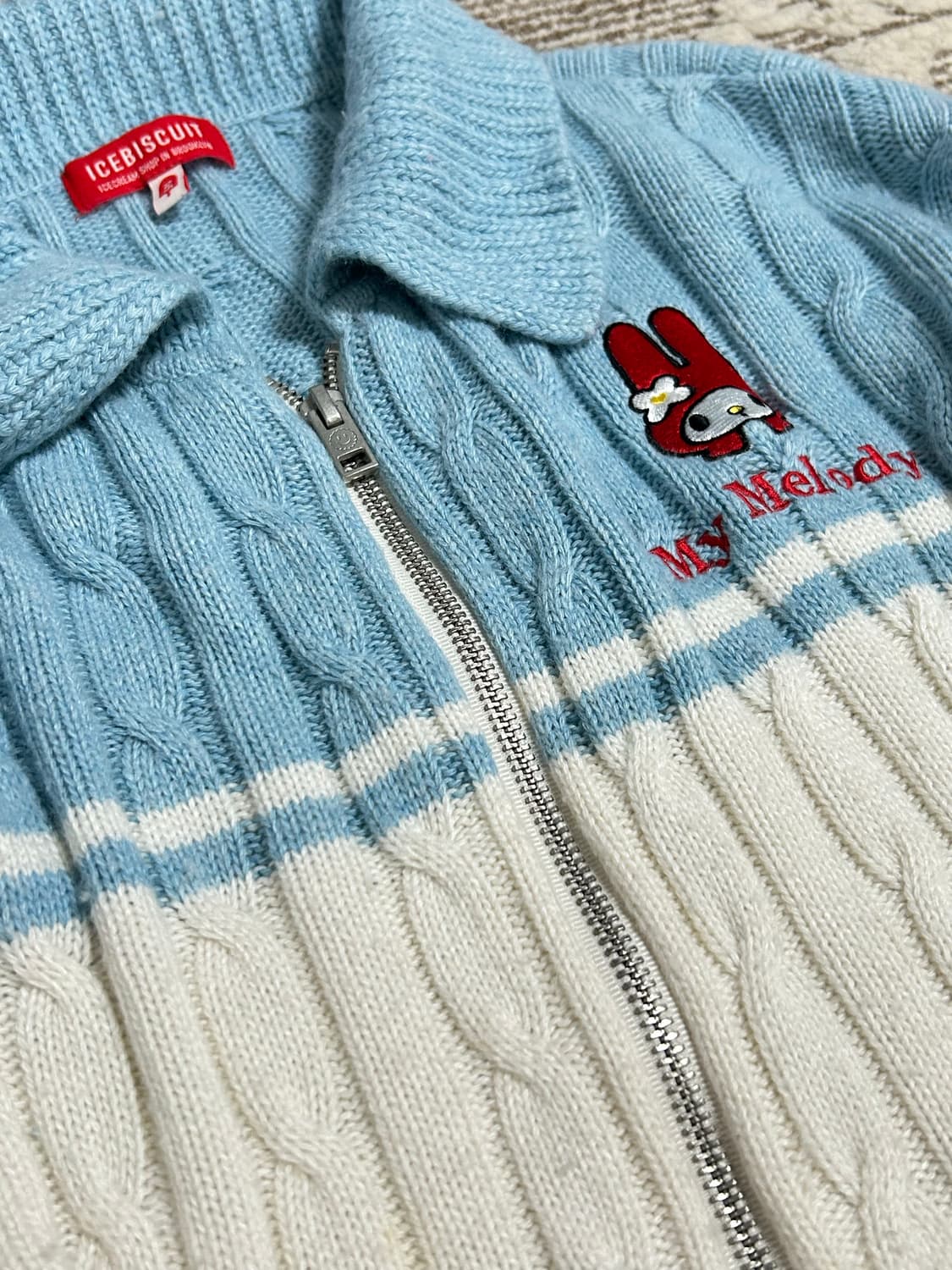 마이멜로디 소라색 니트집업 키치 너드 상품이미지2