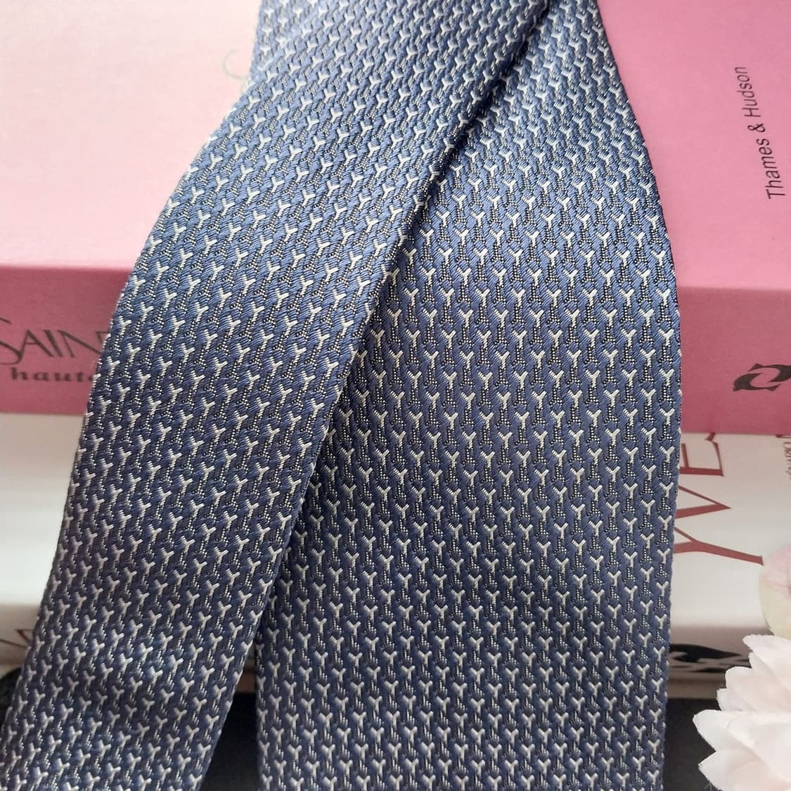 입생로랑 실크 블루 자카드 로고 넥타이 8.3cm S~A+등급 K1466 상품이미지3