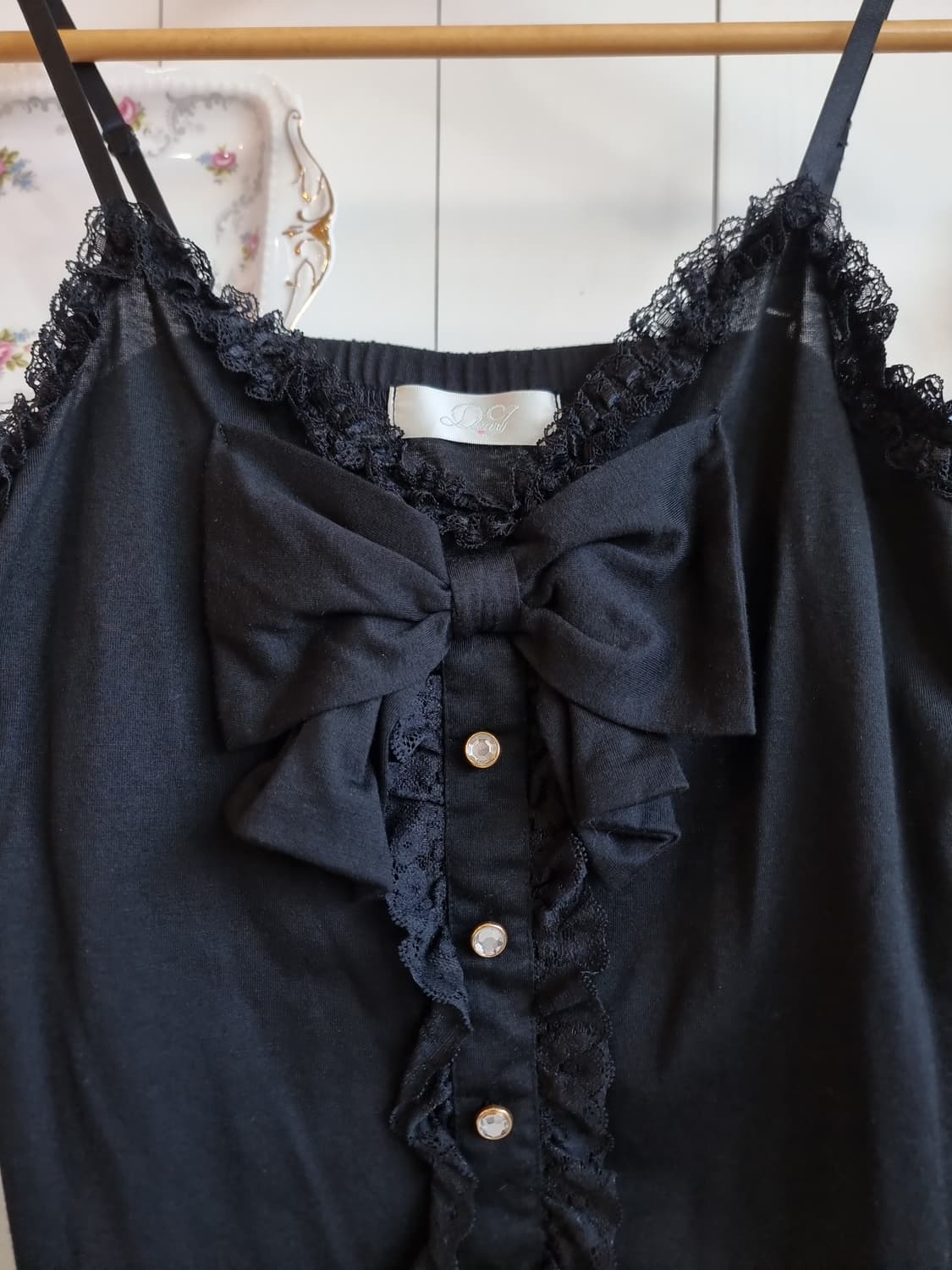 (디어리) 블랙 새틴 레이스 리본 캐미솔 탑 상품이미지2