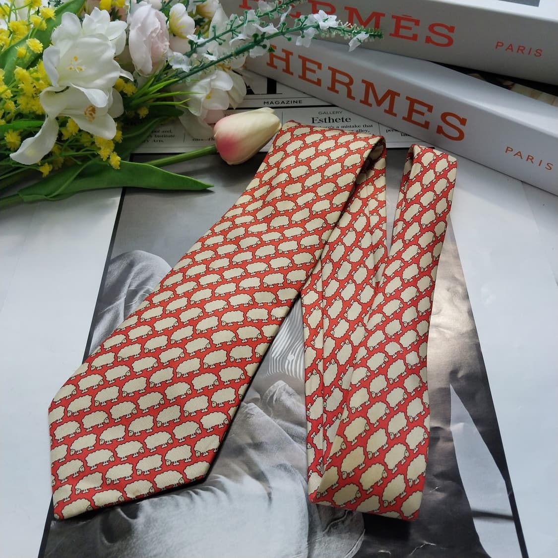 에르메스 실크 오렌지&베이지 양 패턴 넥타이 8.5cm B등급 K783
 상품이미지6
