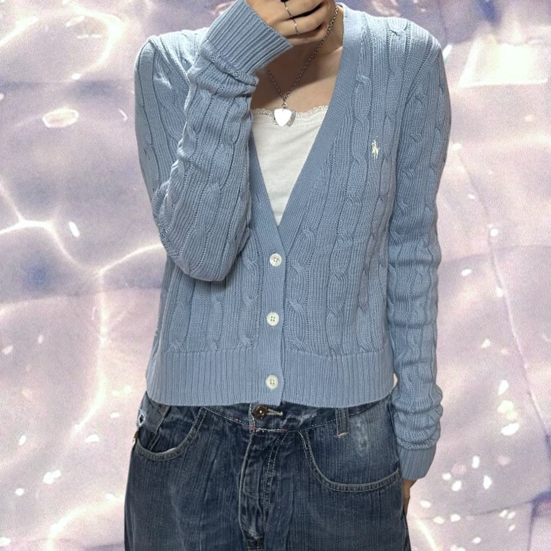 폴로 랄프로렌 신형 큐알 브이넥 꽈배기 니트 가디건 스카이블루 소라 L 상품이미지2